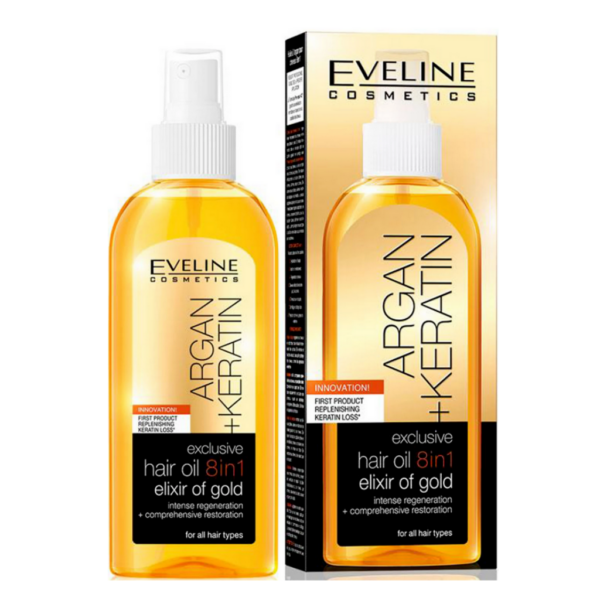 Eveline Argan + Keratin Exclusive Hair Oil 8 in 1 Elixir of Gold Intense Rege...