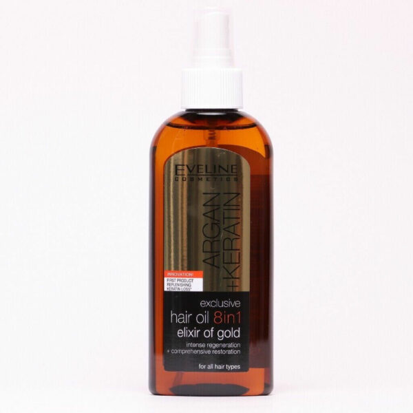 Eveline Argan + Keratin Exclusive Hair Oil 8 in 1 Elixir of Gold Intense Rege... - Image 2
